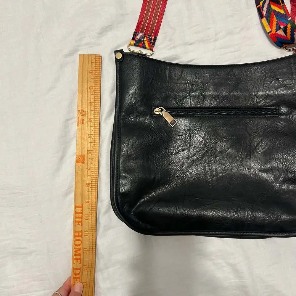Black Faux Leather Crossbody Bag with Colorful Woven Guitar Strap and Tassel